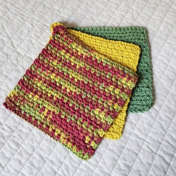 3 CROCHET DISHCLOTH WASHCLOTH 100% COTTON HANDMADE NEW Sage Green Yellow… - Picture 4 of 10